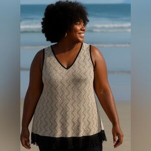 Lily By Firmiana Crochet Lace Boho Fringe Tank Top Tunic Cover Up XL